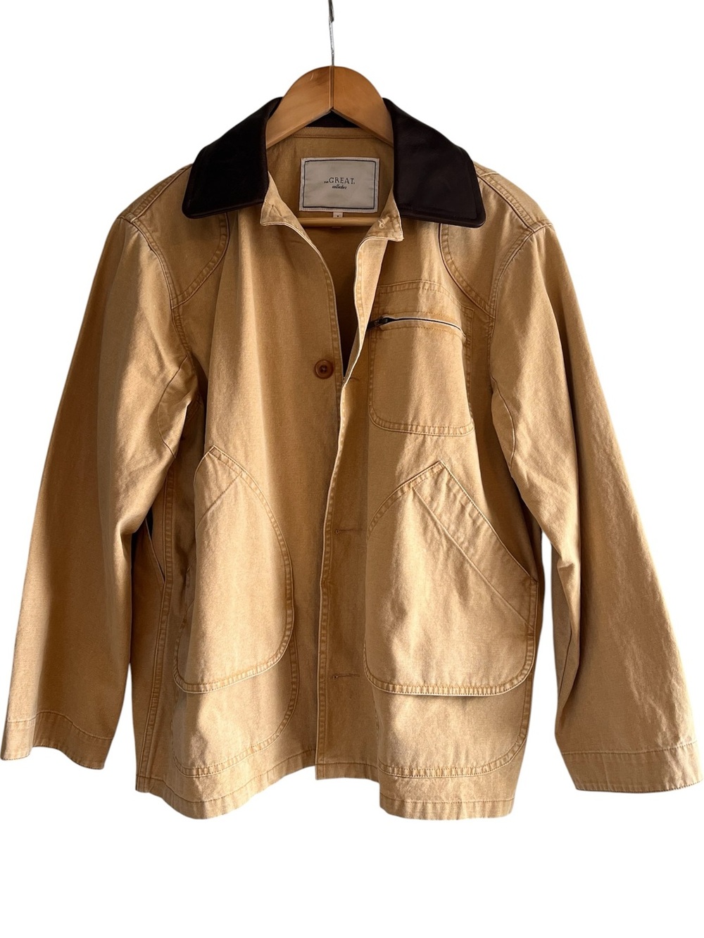 THE GREAT. Tan Barn Jacket with Dark Brown leather Collar excellent condition - Picture 5 of 15
